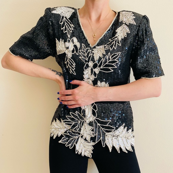 Stenay Vintage beaded 100% silk short sleeve sequins top - Picture 1 of 7